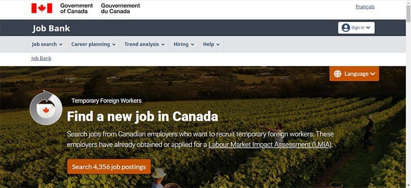 Kanada Job Bank Ana Ekranı