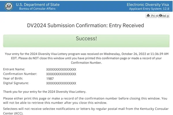 ABD Çeşitlilik Vizesi Onay Ekranı