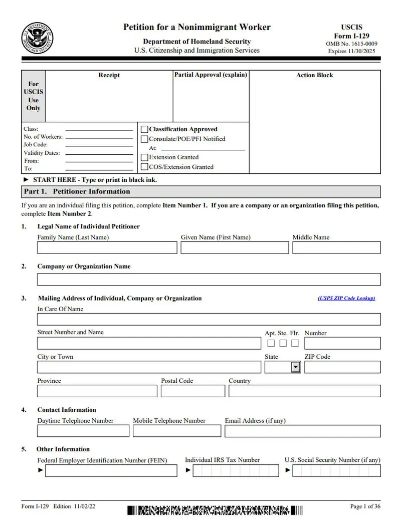 Amerika I-129 Formu Görseli