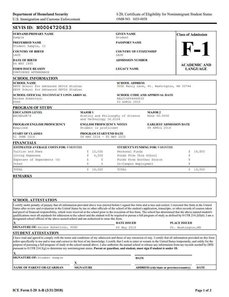 Amerika I-20 Formu Görseli 1