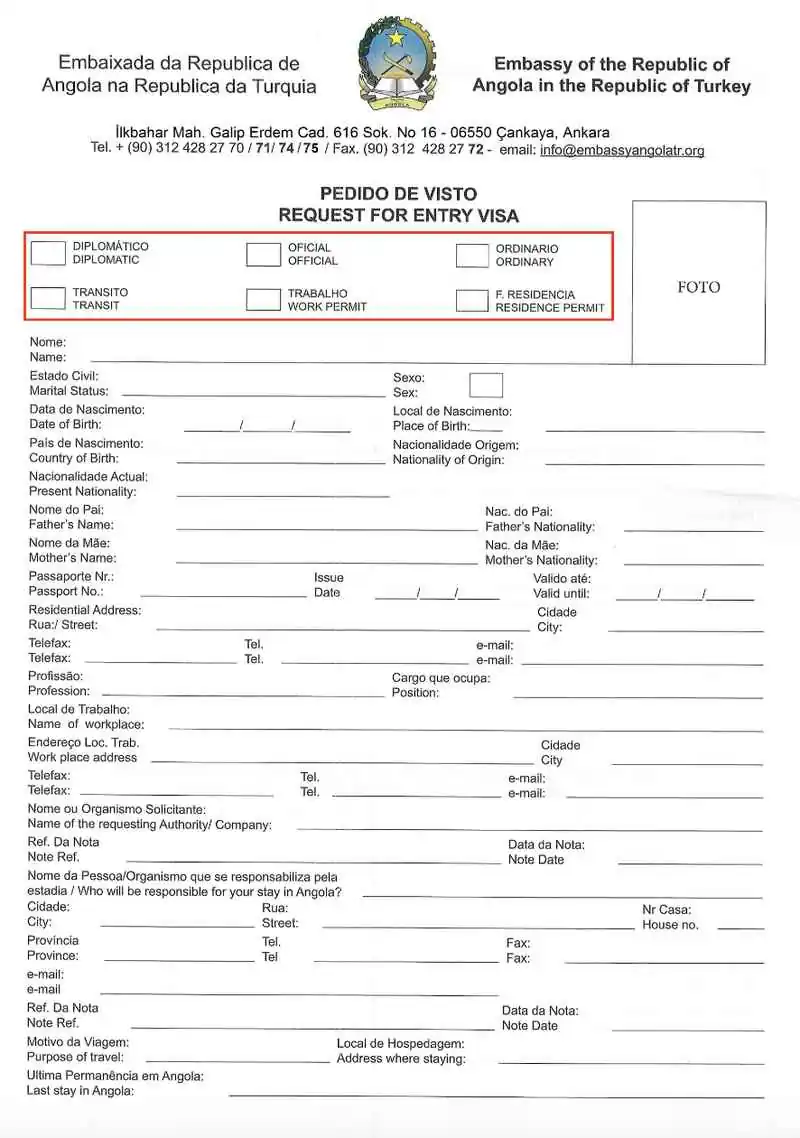 Angola Başvuru Formunda Vize Türü Seçimi