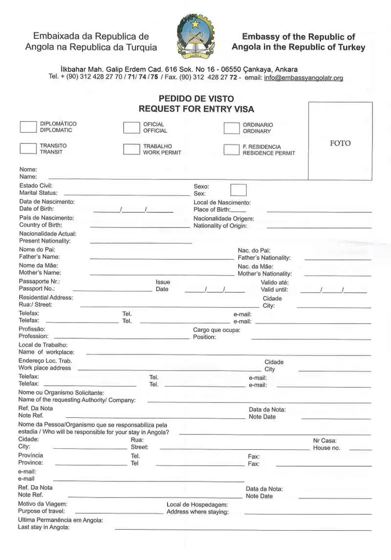 Angola Vize Başvuru Formu Görseli