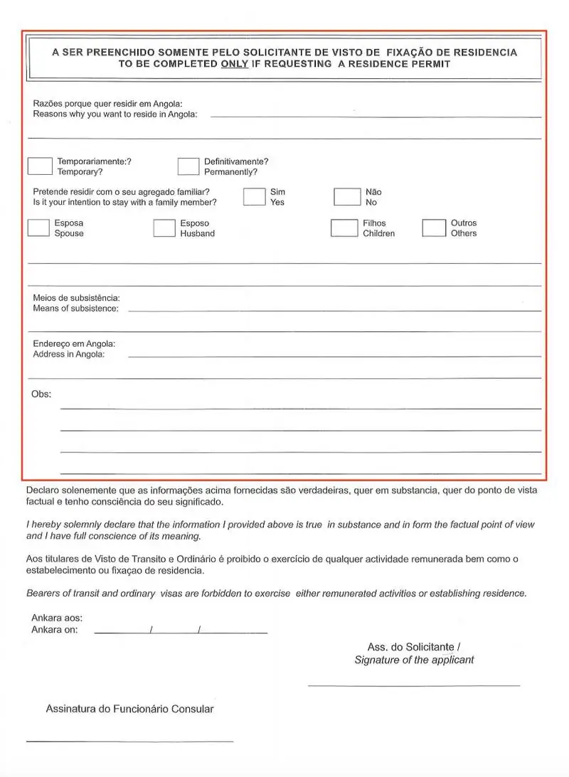 Angola Vize Başvuru Formu İkinci Sayfa