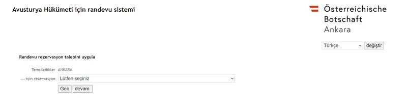 Ankara Avusturya Büyükelçiliği randevu alma ekranı