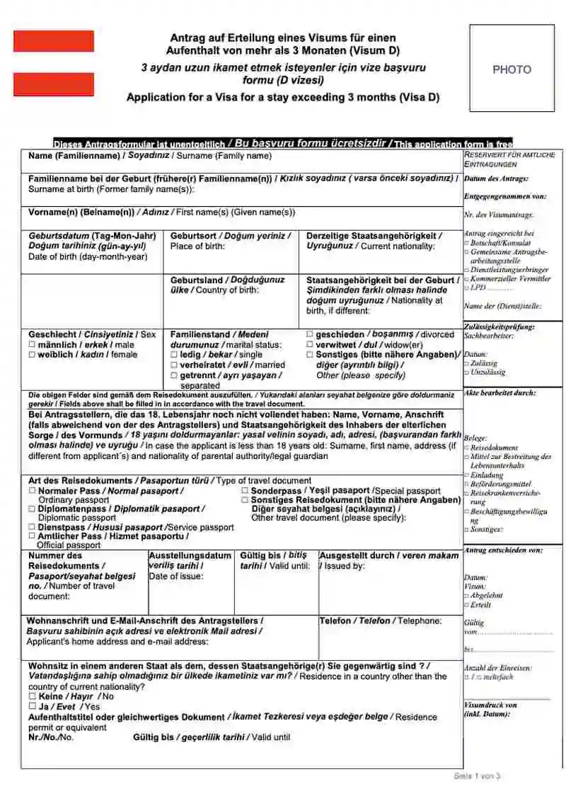 Avusturya Ulusal Vize Başvuru Formu Örneği