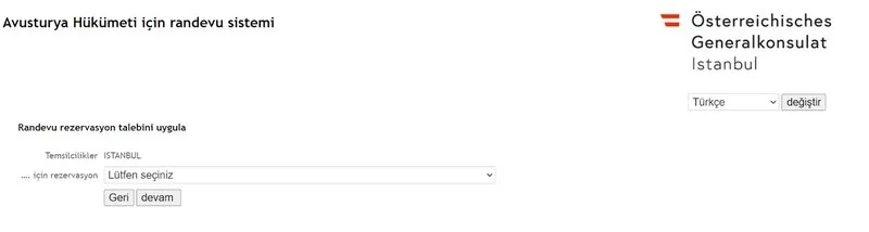 İstanbul Avusturya Başkonsolosluğu üzerinden randevu alma ekranı