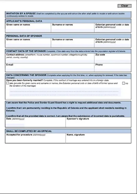 Estonya Aile Birleşimi Davet Formu Örneği