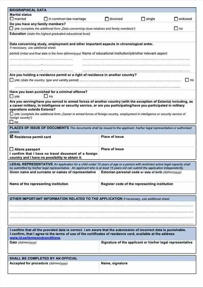 Estonya Ulusal Vize Başvuru Formu #2