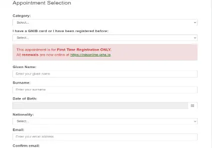 GNIB Randevu Oluşturma Sayfası