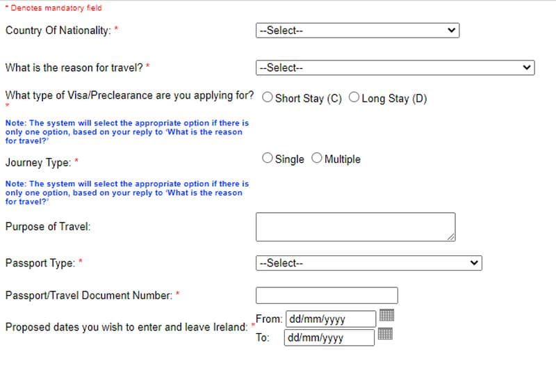 İrlanda Online Vize Başvuru Formu Örneği