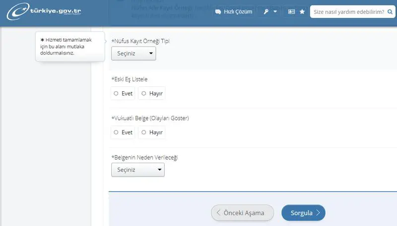 E-Devlet Üzerinde Nüfus Kayıt Örneği Oluşturma