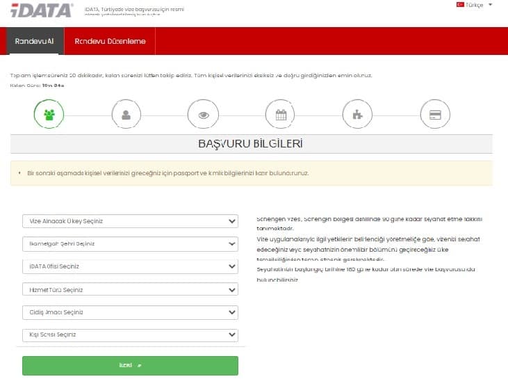 İdata Vize Randevu Başvuru Ekranı