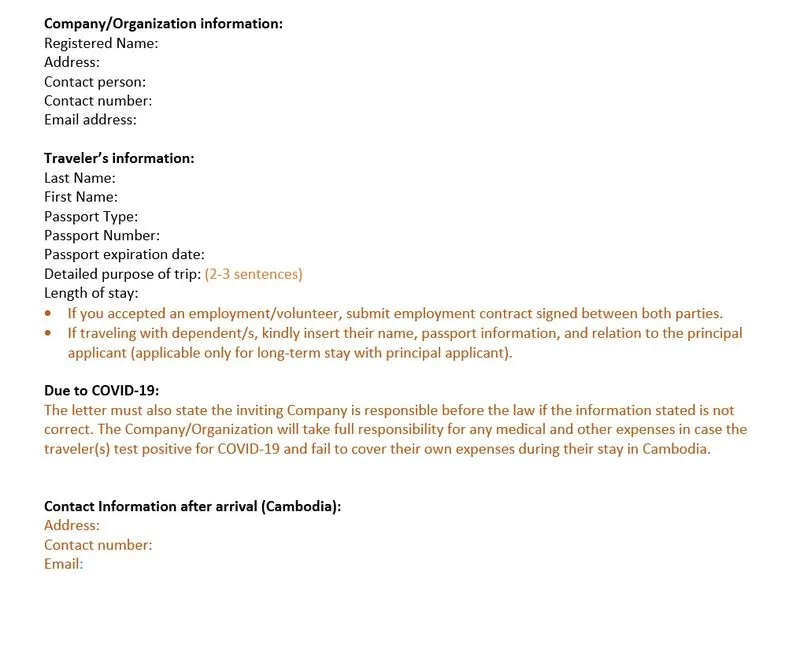 Kamboçya Ticari Vize Davet Mektubu Örneği
