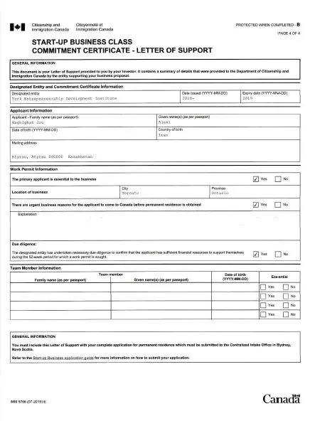 Kanada Start Up Destek Mektubu Örneği