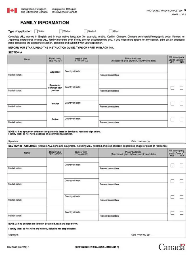 Kanada Vizesi Aile Bilgi Formu