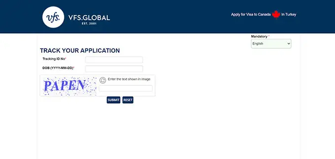 VFS Kanada Vize Sorgulama Ekranı