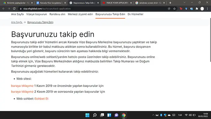 VFS Kanada Vize Sorgulama Seçim Ekranı