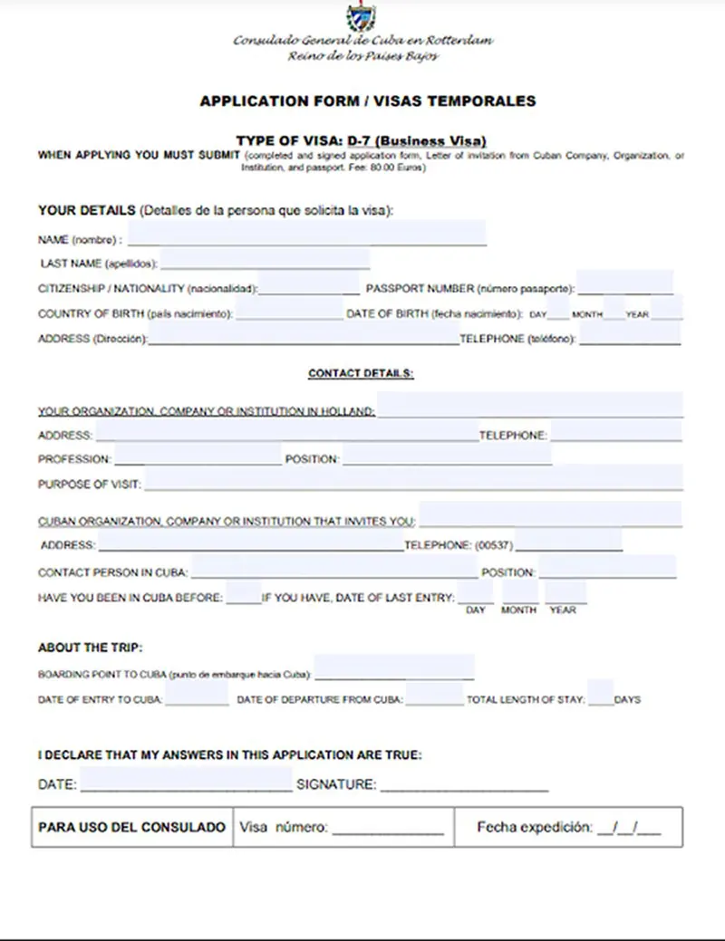 Küba İş Vizesi Başvuru Formu Örneği