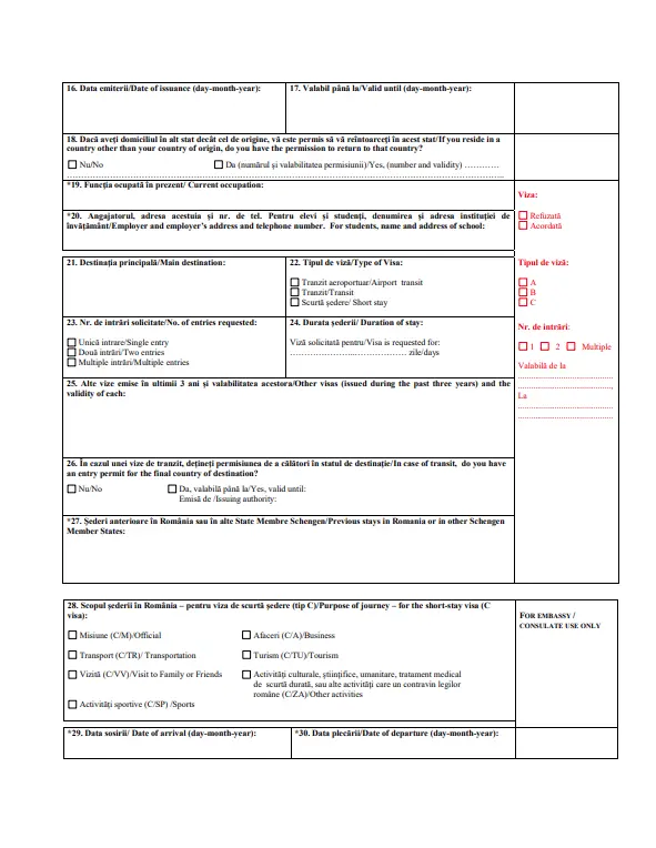 A, B ve C Tipi Romanya Vize Başvuru Formu 2