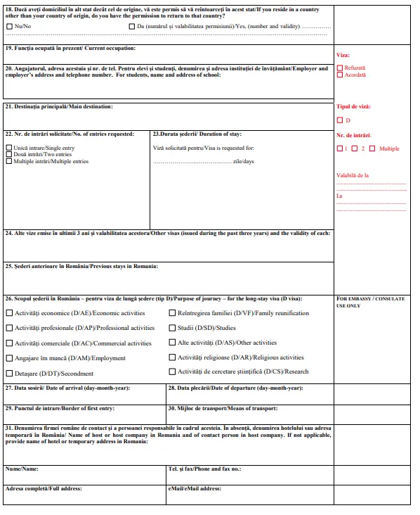 Romanya D Tipi Vize Başvuru Formu 2
