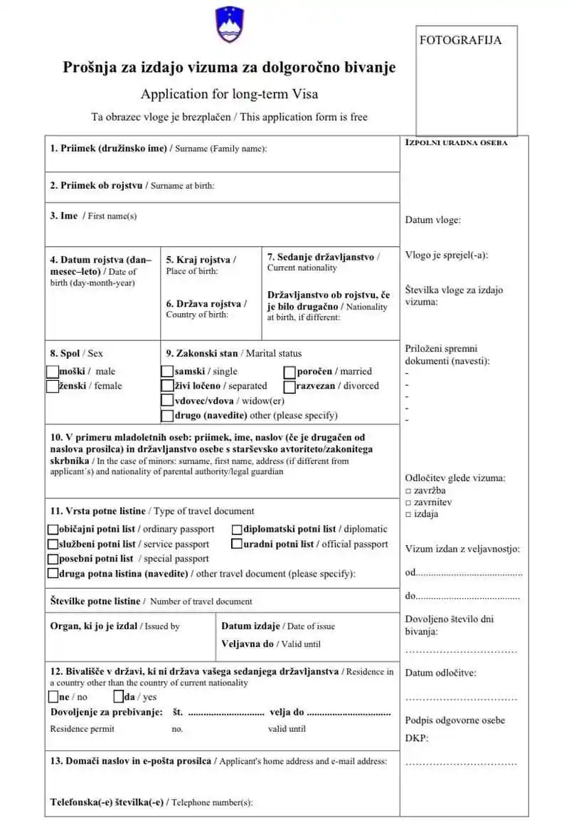 Slovenya Ulusal Vize Başvuru Formu Örneği