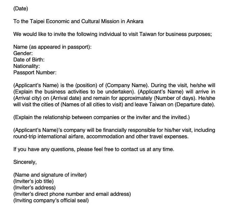 Tayvan Vize Davet Mektubu Örneği