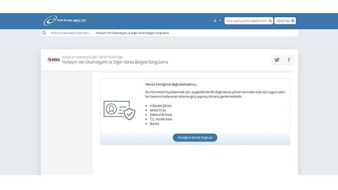 E-Devlet İkametgah Giriş Ekranı