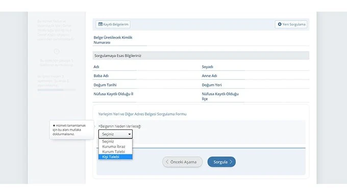 E-Devlet İkametgah Verilme Nedeni Seçimi