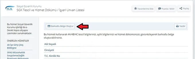 Hizmet Dökümü Barkodlu Belge Oluşturma