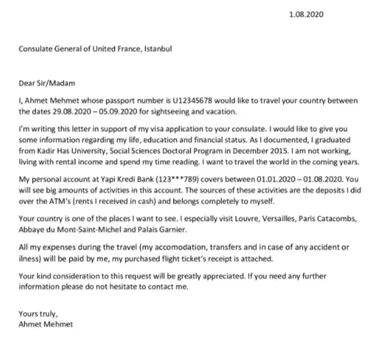 İngilizce Öğrenci Vize Dilekçe Örneği