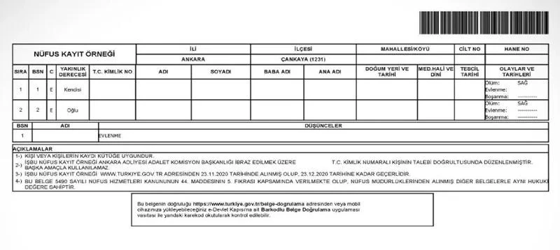 Tam Vukuatlı Nüfus Kayıt Örneği Nedir?